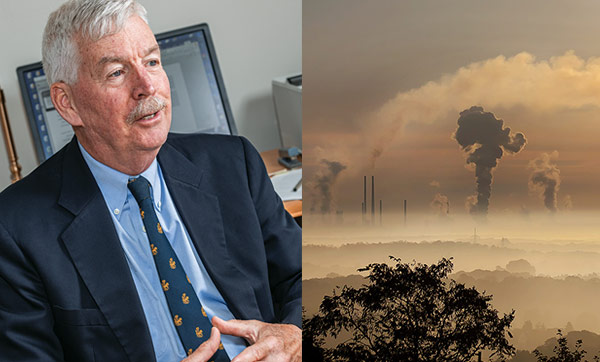 Composit photo of Phillip Landrigan and sene of polluted landscape