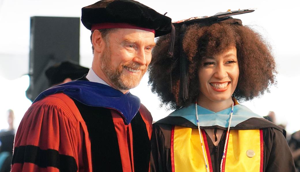 Dean Stanton Wortham with Yazmine Navarro, M.Ed. ’19, one of 30 Donovan Scholars committed to teach in an urban school for at least three years